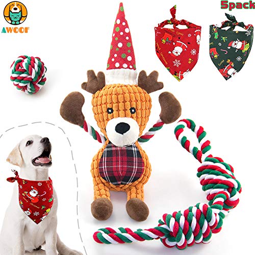 Pack Of 5 Christmas Squeaky Dog Toys - Assorted Vinyl Santa, Reindeer, Snowman Shapes, Fun Holiday Chew Toys
